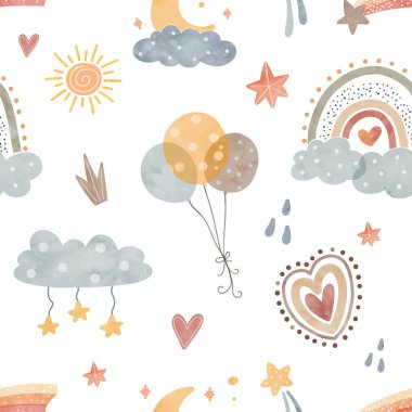 Kusursuz desenli bohem gökkuşağı ve şirin elementler. Suluboya Çizimi.