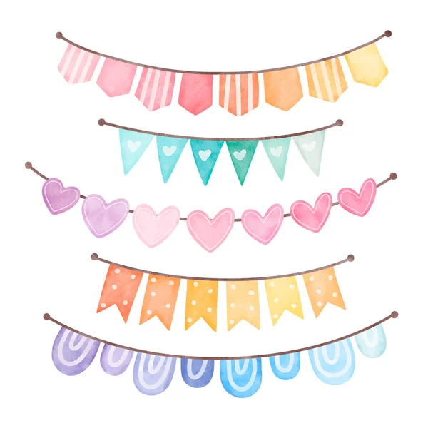 Watercolor Illustration Set Colorful Bunting Flag — Stock Vector