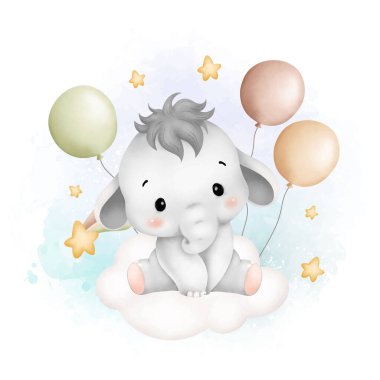 Suluboya tasviri bulutların üzerinde balonlar ve yıldızlarla sevimli bebek fil
