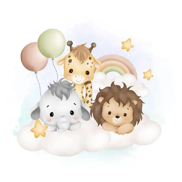 Watercolor Illustration Cute Baby Animals Cloud Balloons Stars — Stock Vector