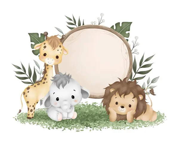 Watercolor Illustration Wooden Board Cute Baby Safari Animals Sit Green — Stock Vector