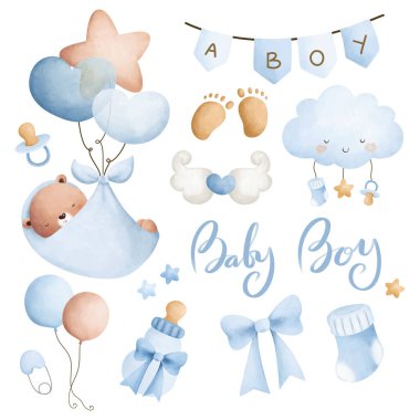 Bebek hediye kartı tasarımı. Yakışıklı çocuk ve yeni doğmuş çocukla.