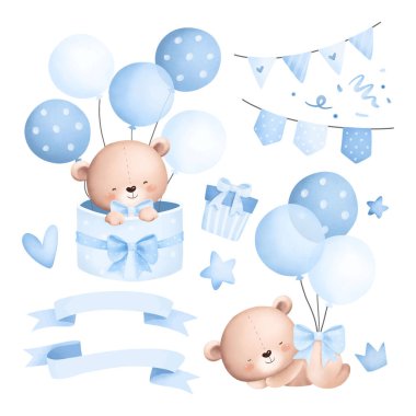 Bebek Oyuncak Ayılar ve Sevimli Elementlerin Suluboya Çizimleri