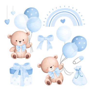 Bebek Oyuncak Ayılar ve Sevimli Elementlerin Suluboya Çizimleri