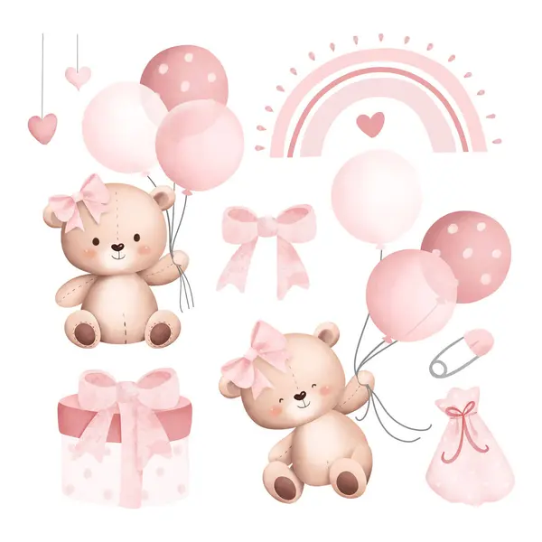 Atercolor Illustration Set Baby Teddy Bears Cute Elements — Stock Vector