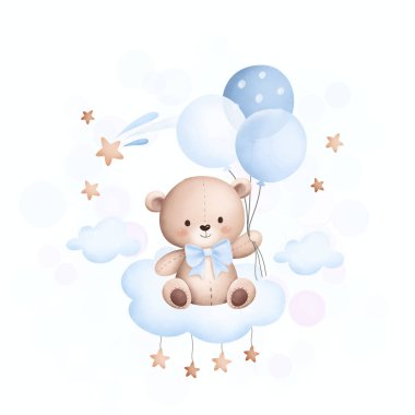 Suluboya resimli şirin oyuncak ayı bulutun üzerinde balonlarla oturuyor.