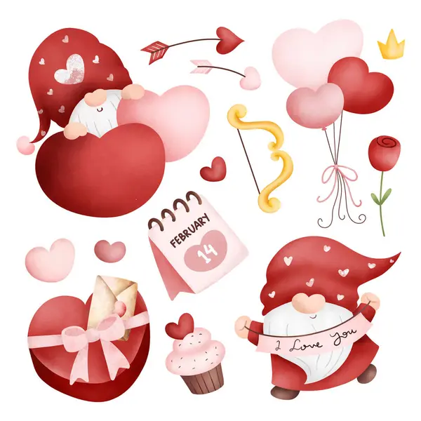 Watercolor Illustration Set Valentine Gnomes Love Elements — Stock Vector
