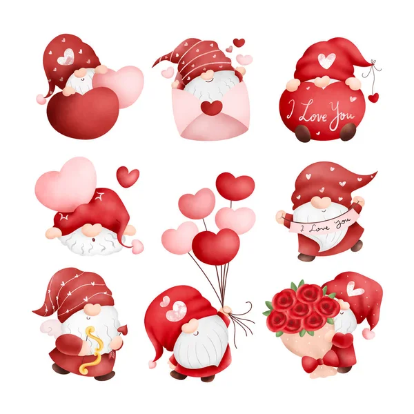 Watercolor Illustration Set Valentine Gnomes Love Elements — Stock Vector