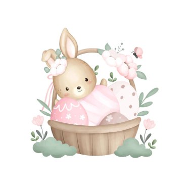 Sepette suluboya resimli Paskalya Tavşanı ve çiçekli Paskalya Yumurtaları. vektör illüstrasyonu