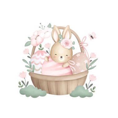 Sepette suluboya resimli Paskalya Tavşanı ve çiçekli Paskalya Yumurtaları. vektör illüstrasyonu