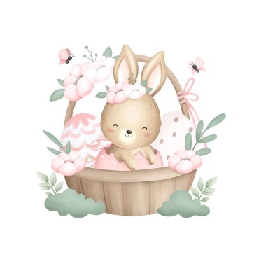 Sepette suluboya resimli Paskalya Tavşanı ve çiçekli Paskalya Yumurtaları. vektör illüstrasyonu