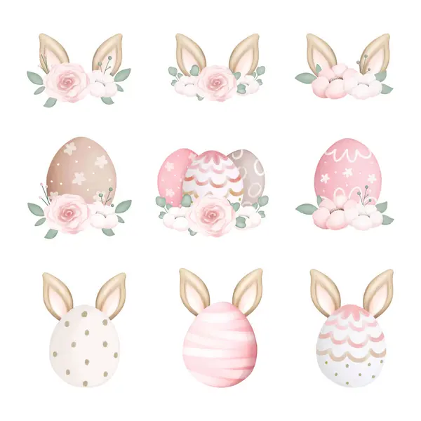 Σετ Χαριτωμένα Πασχαλινά Αυγά Καρτούν Λουλούδια Κουνέλι Κουνέλι Εικονογράφηση Διανύσματος — Διανυσματικό Αρχείο