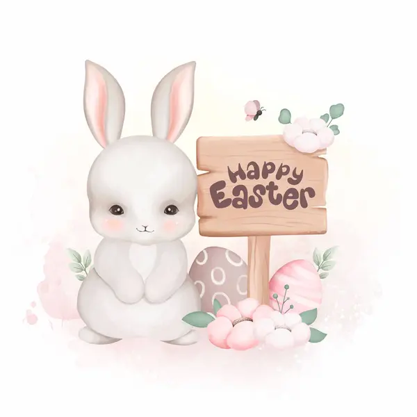 Watercolor Illustration White Rabbit Easter Eggs Garden Full Flowers — Stock Vector