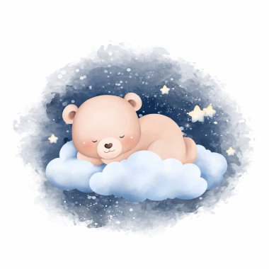 Suluboya Çizimi Sevimli Bebek Ayı Bulutta Uyuyor