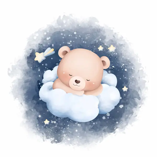 Akwarela Ilustracja Cute Baby Bear Śpi Chmurze — Wektor stockowy