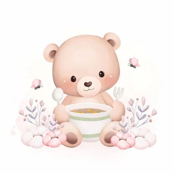 水彩画可爱小泰迪熊在花园吃午饭 — 图库矢量图片