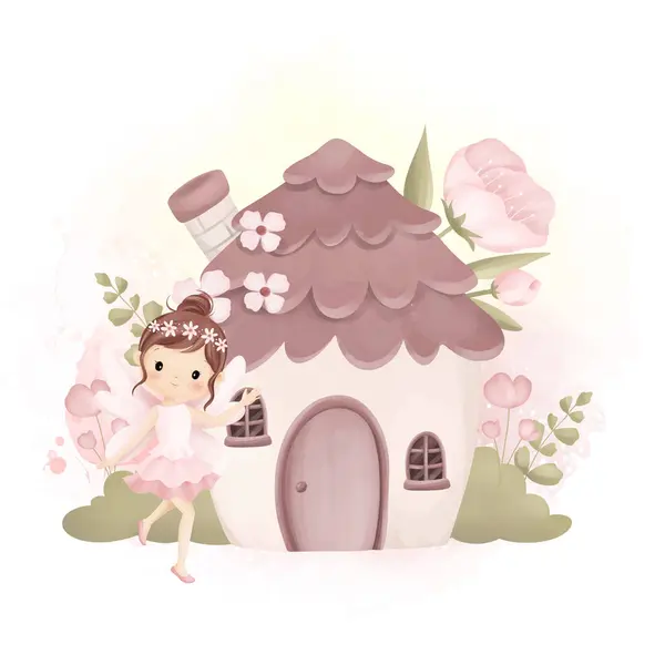 Watercolor Illustration Beautiful Fairy Fairy House Garden Pink Flowers — Stok Vektör