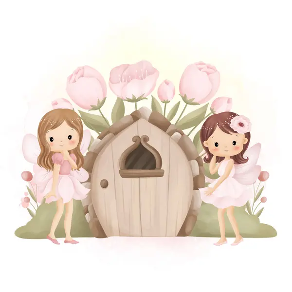 Watercolor Illustration Beautiful Fairy Fairy House Garden Pink Flowers — Stock vektor