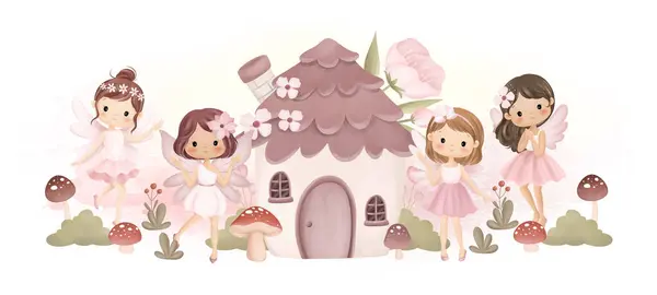 Watercolor Illustration Beautiful Fairy Fairy House Garden Pink Flowers — 图库矢量图片