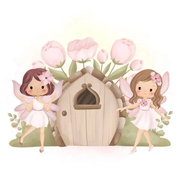 Watercolor Illustration Beautiful Fairy Fairy House Garden Pink Flowers — Wektor stockowy