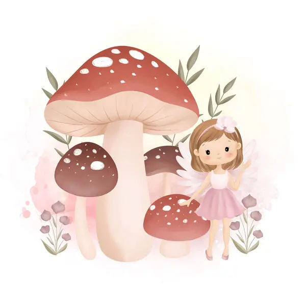 Watercolor Illustration Beautiful Fairy Mushrooms Garden Flowers Leaves — Image vectorielle