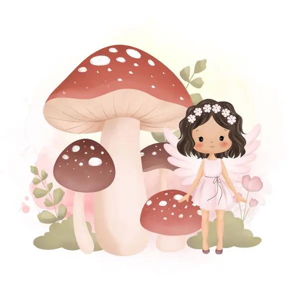 Watercolor Illustration Beautiful Fairy Mushrooms Garden Flowers Leaves — Wektor stockowy