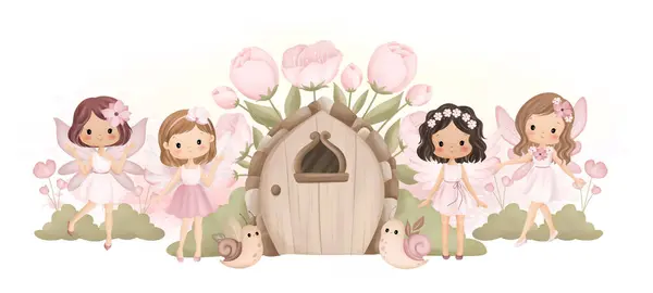 Watercolor Illustration Beautiful Fairy Fairy House Garden Snail Pink Flowers — стоковый вектор