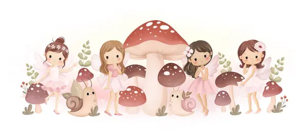 Watercolor Illustration Beautiful Fairy Mushrooms Garden Snail Leaves Background — Stockvector