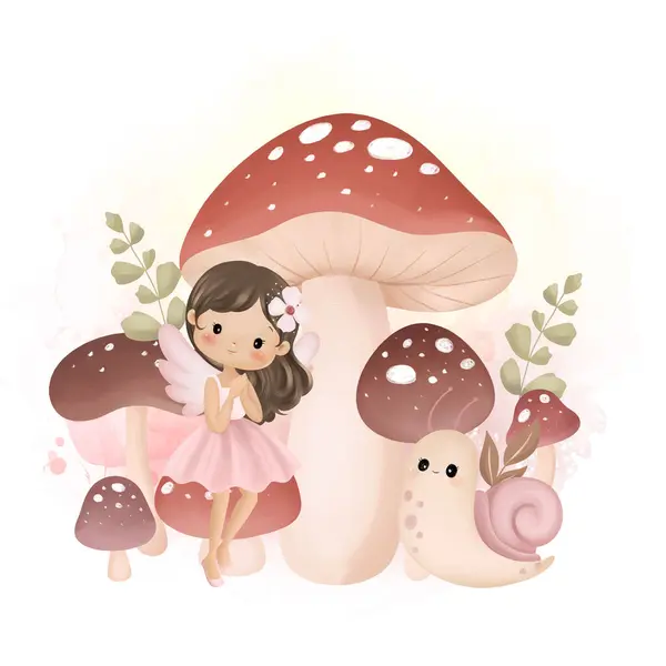 Watercolor Illustration Beautiful Fairy Mushrooms Garden Snail Leaves — Stock vektor