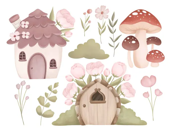 Watercolor Illustration Set Fairy House Flowers — Stockvector