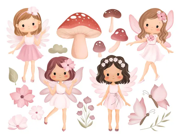 Watercolor Illustration Set Beautiful Pink Fairy Butterflies Mushroom Plants — Stok Vektör