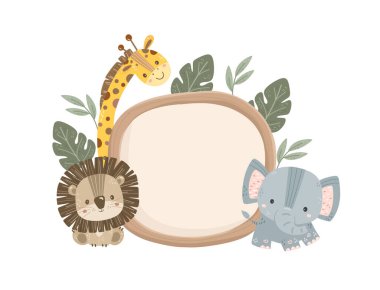 Şirin Safari Hayvanlarıyla Tahta Tahta Tahta Pano Yapraklar Clipart