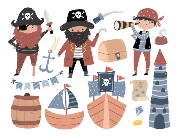 Set Pirates Doodle Clipart — Stock Vector
