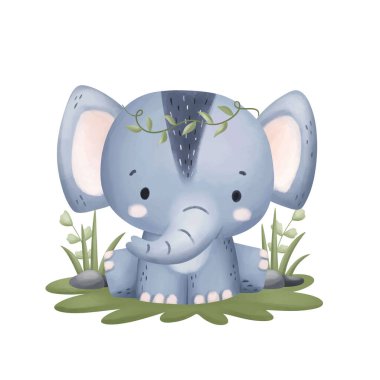 Suluboya Resim Şirin Fil ve Yapraklar