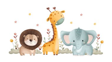 Suluboya çizimi Safari hayvanları ve yaprakları