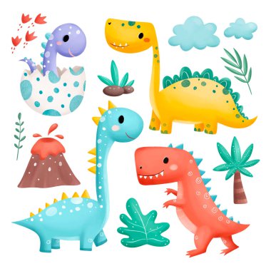 Şirin Dinozorlar ve Elementlerin Suluboya Çizimi