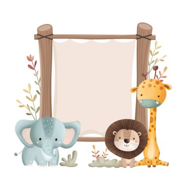 Suluboya Resim Şirin Safari Hayvanlar ve Tahta Tahta Tahta