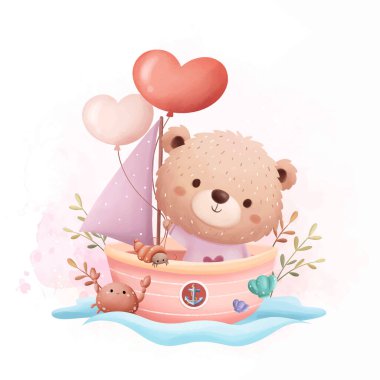 Suluboya Resim Şirin Ayıcık Küçük Pembe Gemi ve Kalp Şekli Balonlar