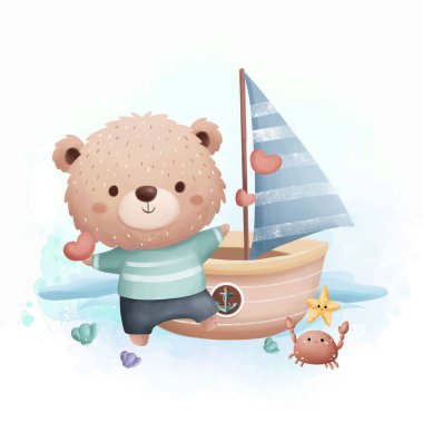 Suluboya Çizimi Kalpli Küçük Gemi 'de Şirin Ayı