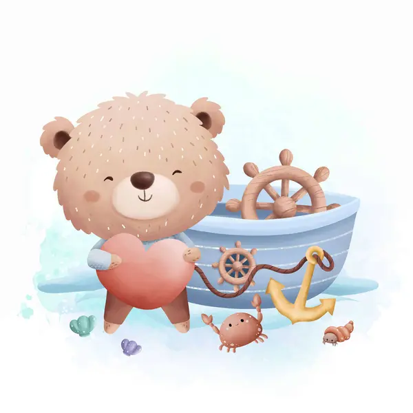 Υδατογραφία Εικονογράφηση Χαριτωμένο Αρκούδα Στο Μικρό Μπλε Πλοίο — Διανυσματικό Αρχείο