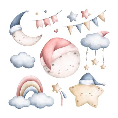 Ay Yıldızları 'nın Suluboya Çizimi Gökkuşağı Bulutu ve Çocuk Teması Nesneleri