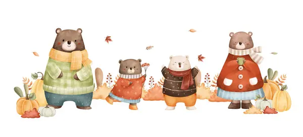 Watercolor Illustration Bear Family Autumn Garden Pumpkins Leaves — Stock Vector