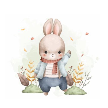  Suluboya Çizim Tavşanları ve Sonbahar Yaprakları Bahçede