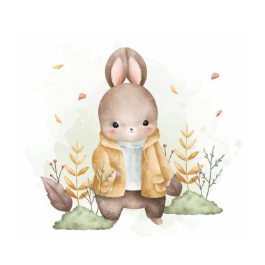  Suluboya Çizim Tavşanları ve Sonbahar Yaprakları Bahçede