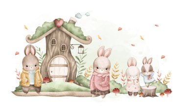 Suluboya Tavşanlar ve Bahçedeki Şirin Ev
