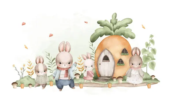 Acuarela Ilustración Conejos Linda Casa Jardín — Vector de stock