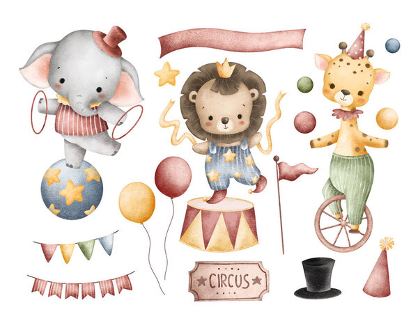Акварель иллюстрации набор цирковых животных сафари