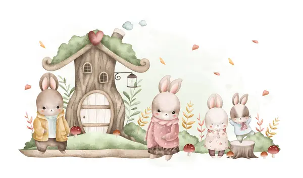 Watercolor Illustration Rabbits Cute House Garden Stock Illustration