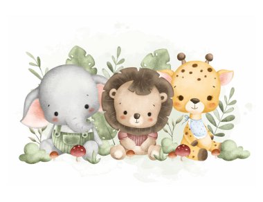 Suluboya Resimleri Yapraklı ve Mantarlı Şirin Bebek Safari Hayvanları