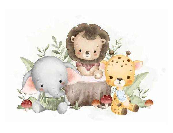 Watercolor Illustration Cute Baby Safari Animals Leaves Mushroom Royalty Free Stock Illustrations